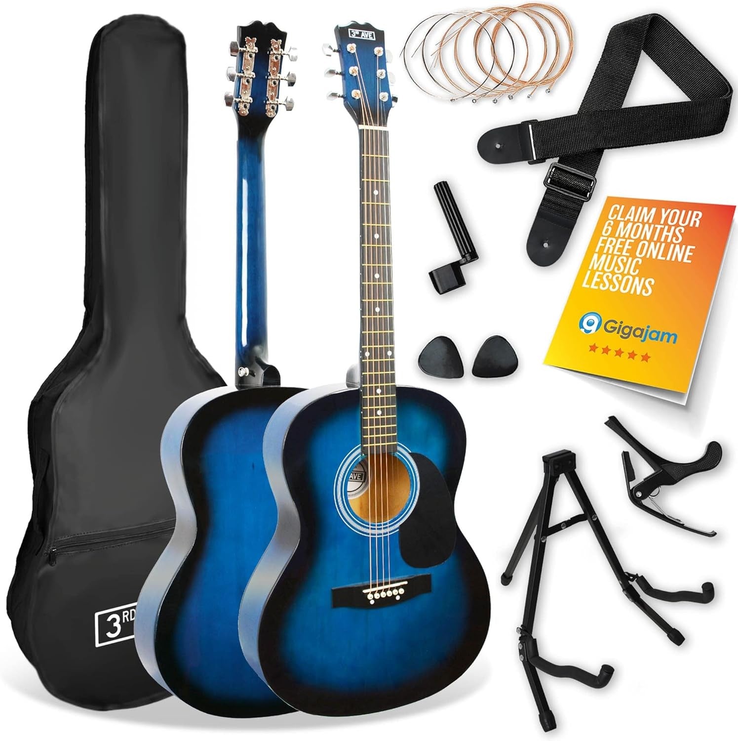 Full Size 4/4 Acoustic Guitar Starter Pack Blue w Stand & Lessons