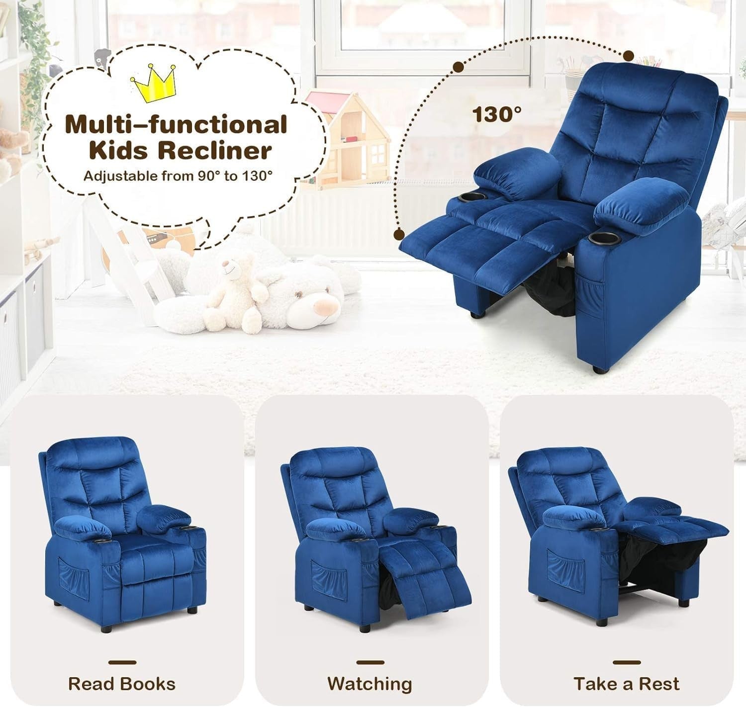 Adjustable Kids Recliner Chair Blue w/ Footrest, Velvet, Cup Holders & Storage