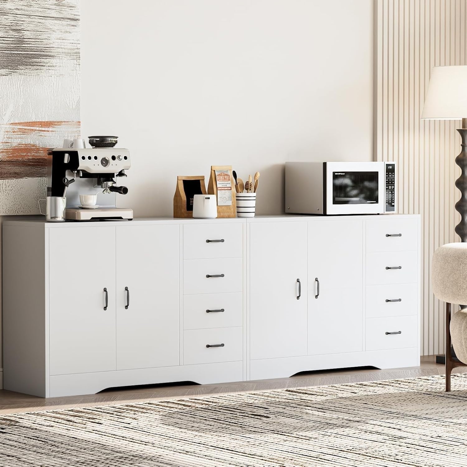 White Sideboard Buffet Cabinet 4 Drawer Adjustable Shelf Kitchen Storage