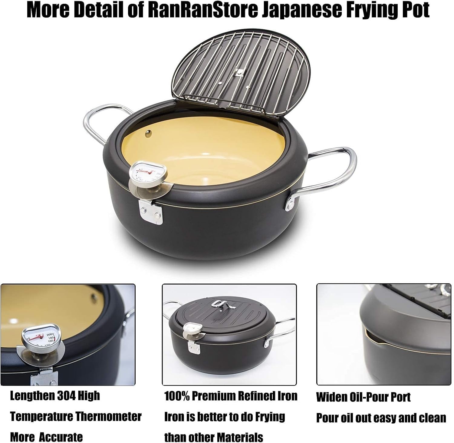 Japanese Tempura Fryer Pot 2.3L 8in With Thermometer Nonstick