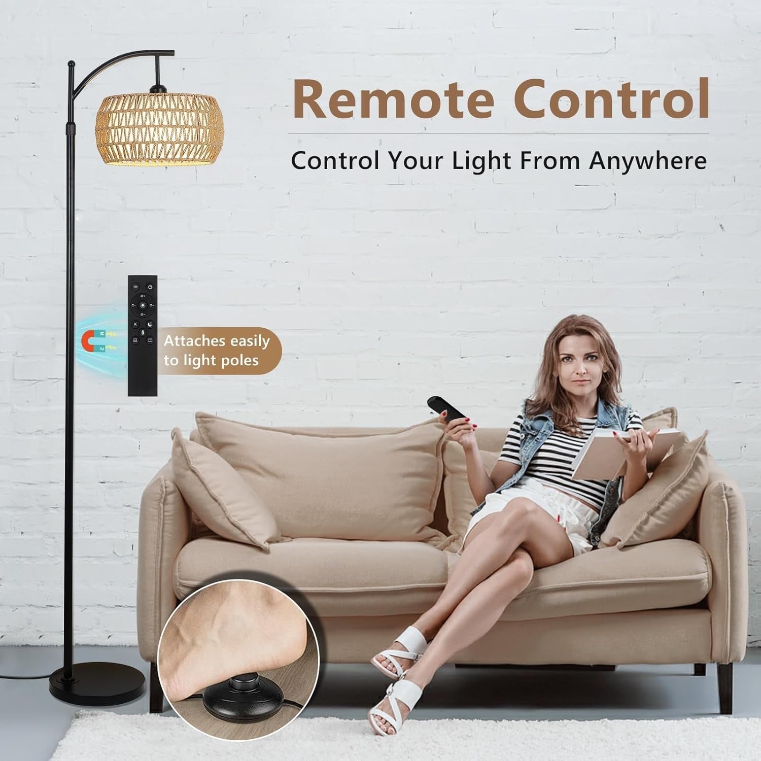 Adjustable Rattan Arc Floor Lamp with Remote, Dimmable LED Light for Living Room