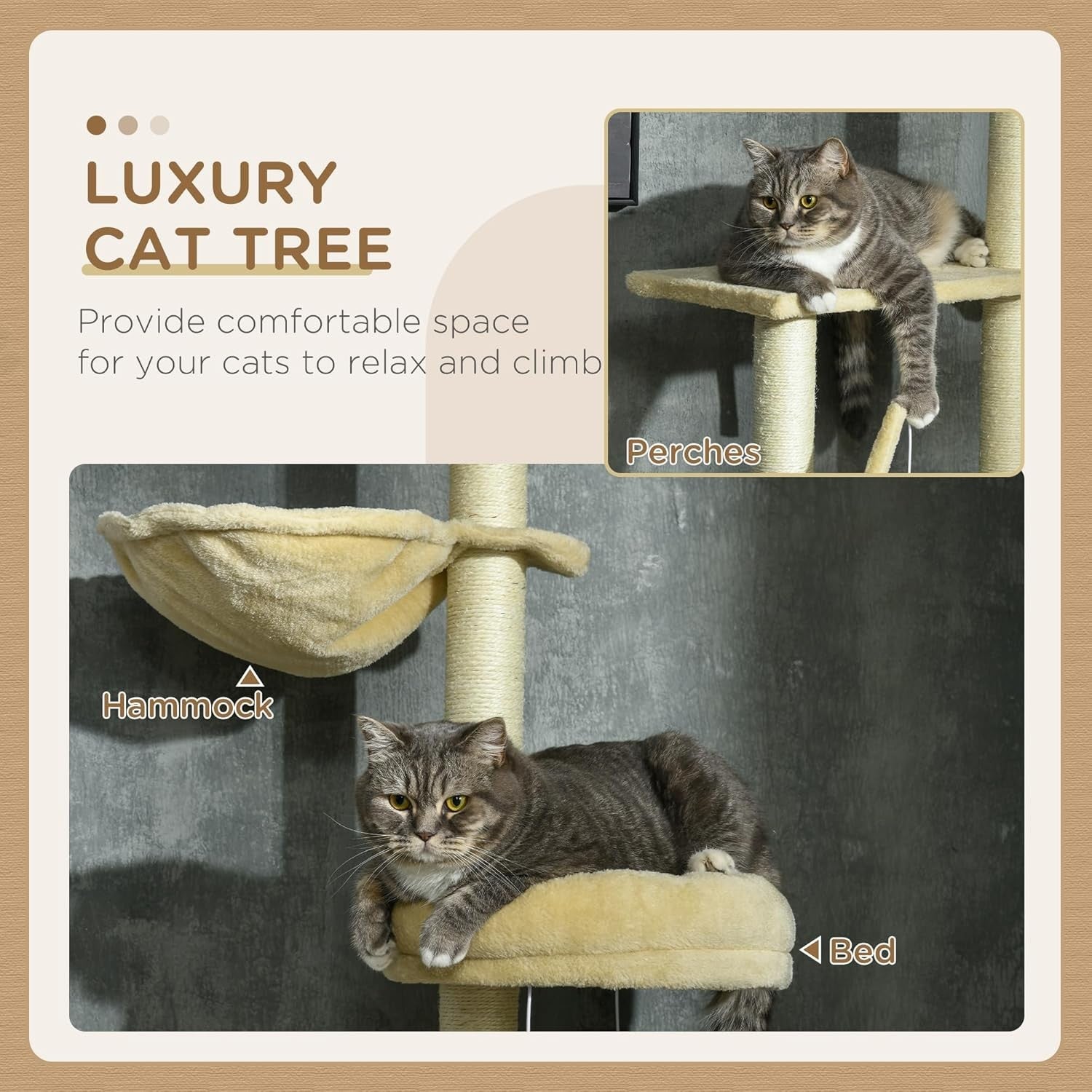 Floor to Ceiling Cat Tree 6 Tier Tower Adjustable Height Scratch Post Hammock