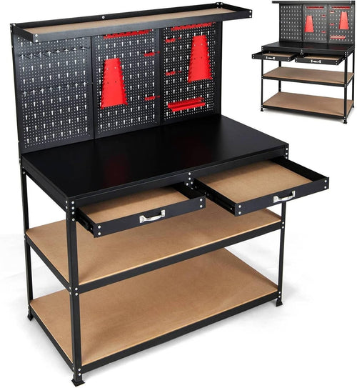 Heavy Duty Garage Workbench with Pegboard Drawers Shelves 435kg Tool Station