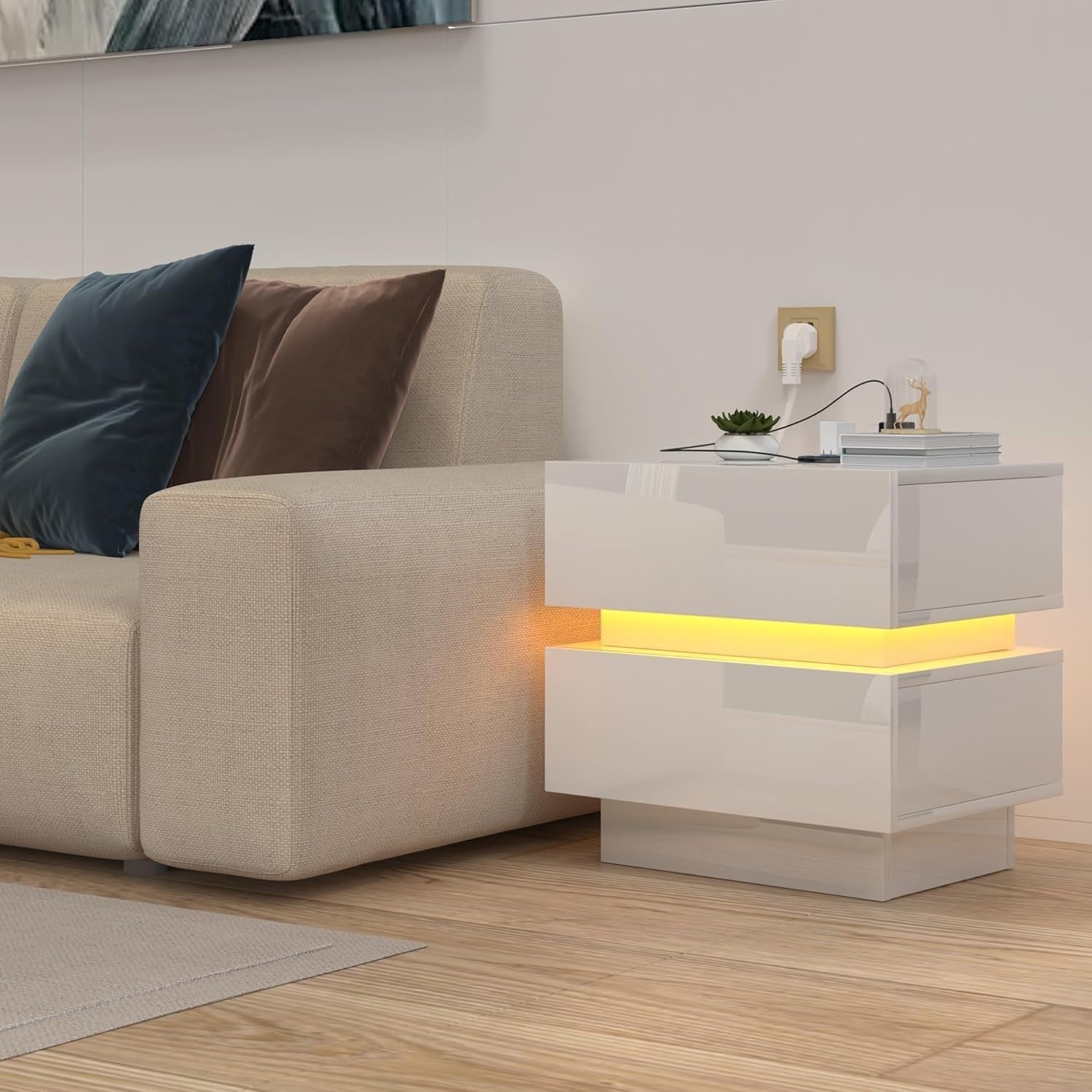 Modern LED Bedside Table with USB Charging, 2 Drawers, Gloss Finish