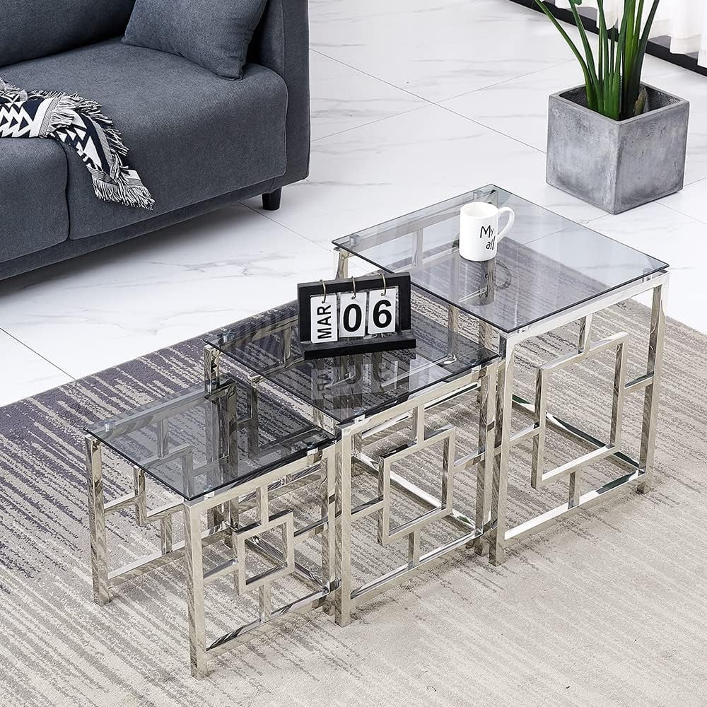 Nest of 3 Modern Coffee Tables Dark Glass Silver Metal Frame Stackable