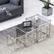 Nest of 3 Modern Coffee Tables Dark Glass Silver Metal Frame Stackable