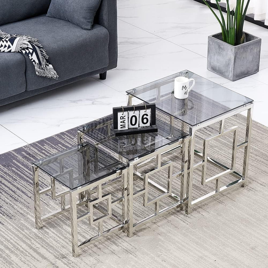 Nest of 3 Modern Coffee Tables Dark Glass Silver Metal Frame Stackable