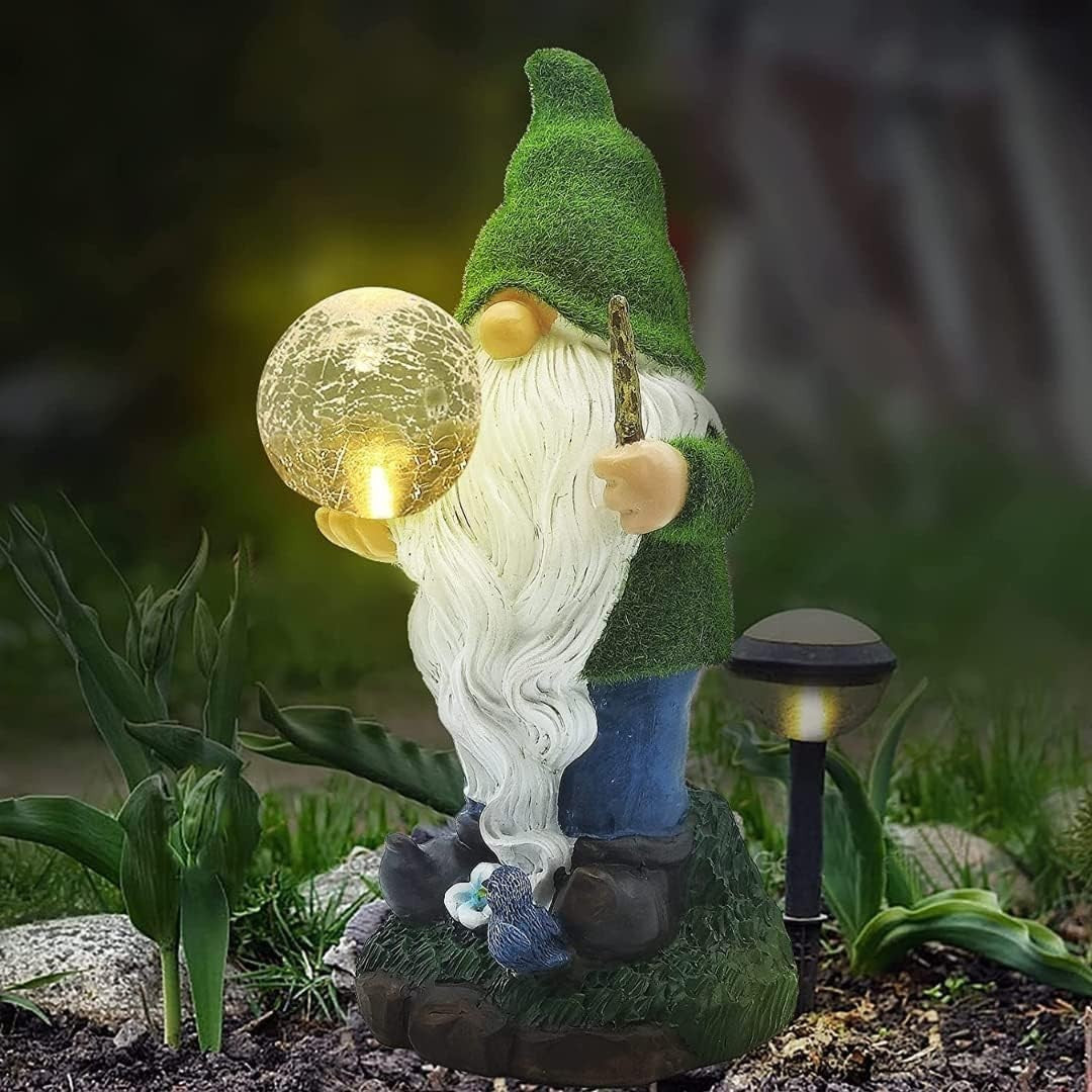 Solar Powered Gnome Garden Statue LED Light Wizard Resin Ornament Patio Decor