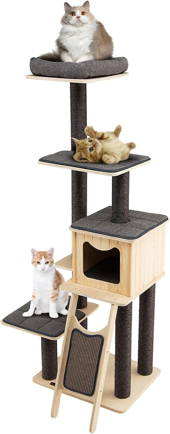 175cm Tall Wooden Cat Tree Multi Level Scratching Tower with Condo & Perch