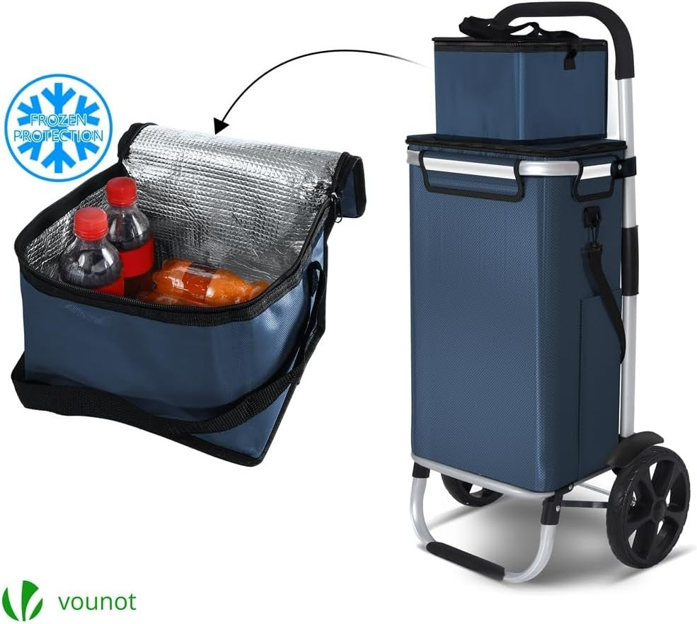 58L Folding Shopping Trolley Navy Blue Aluminium Basket with Cooler Bag