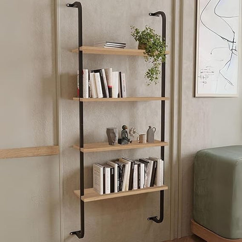 Modern Wall Mounted 4-Shelf Bookcase Storage Rack Metal Frame Space Saving