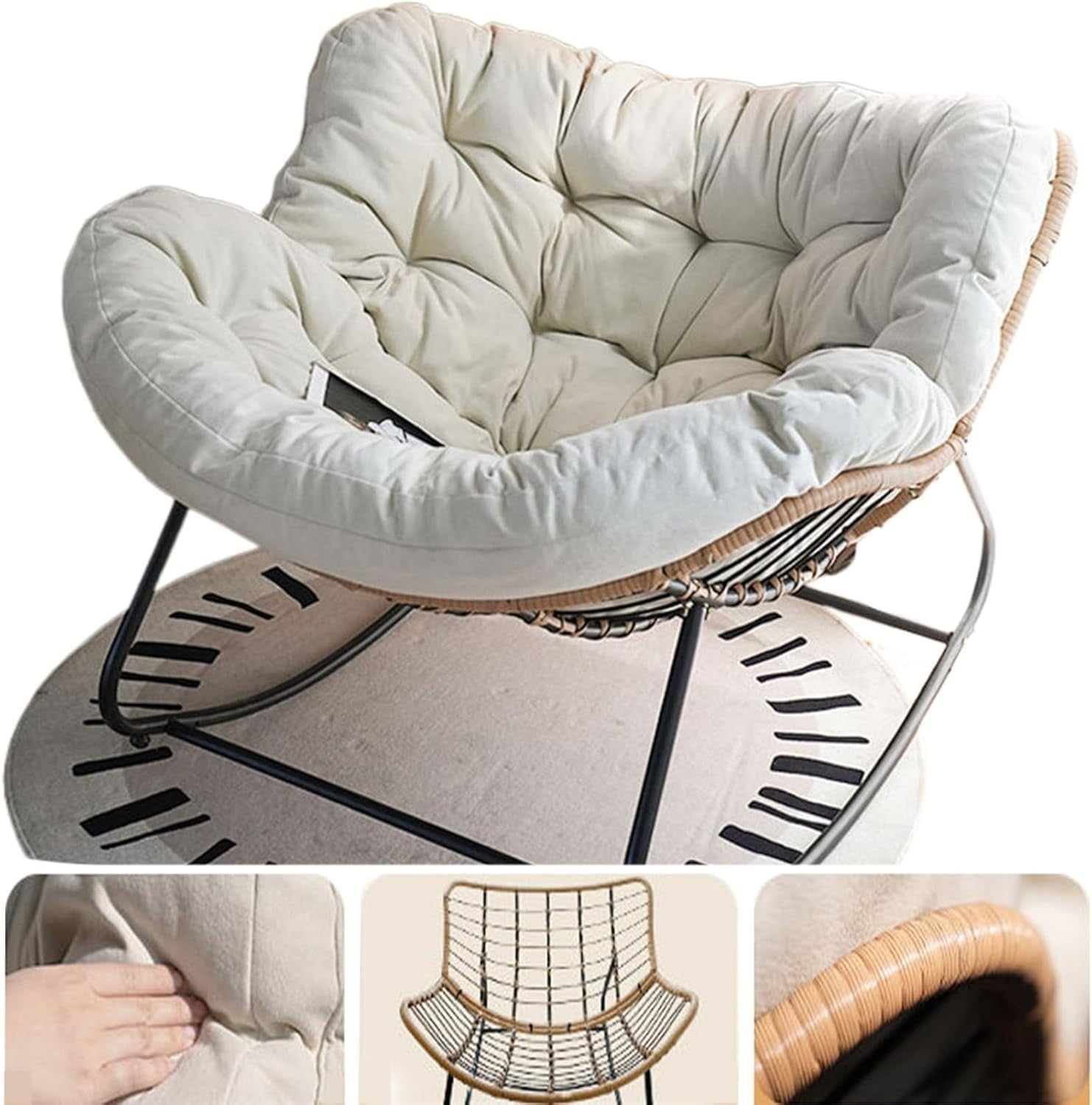 Oversized Rattan Rocking Chair 40.9in Metal Frame Patio Lounge Egg Chair