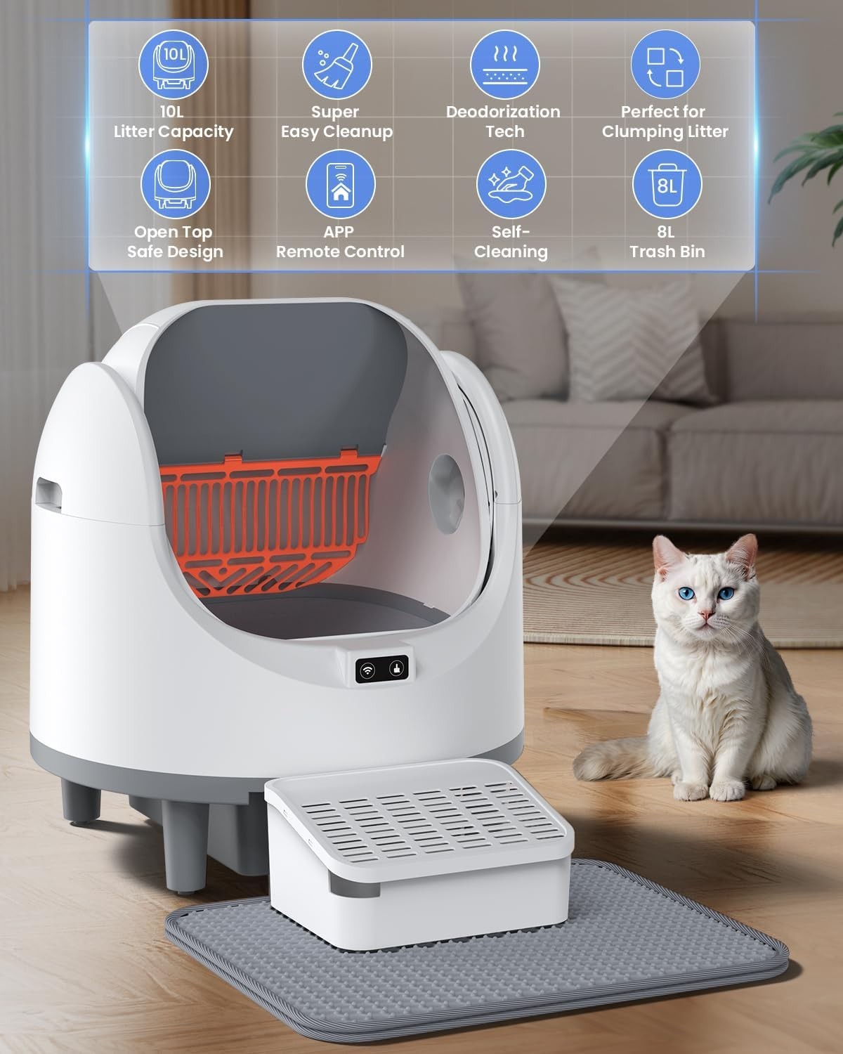 Self Cleaning Cat Litter Box APP Control Open Top Large Cat 22lbs