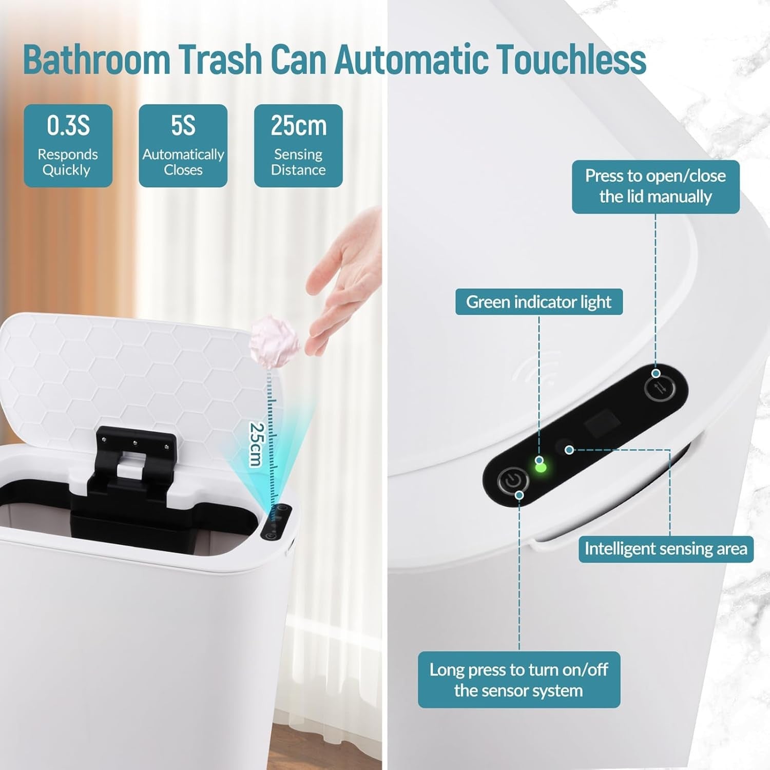 5-Gallon Touchless Smart Bathroom Trash Can – Slim Sensor Bin