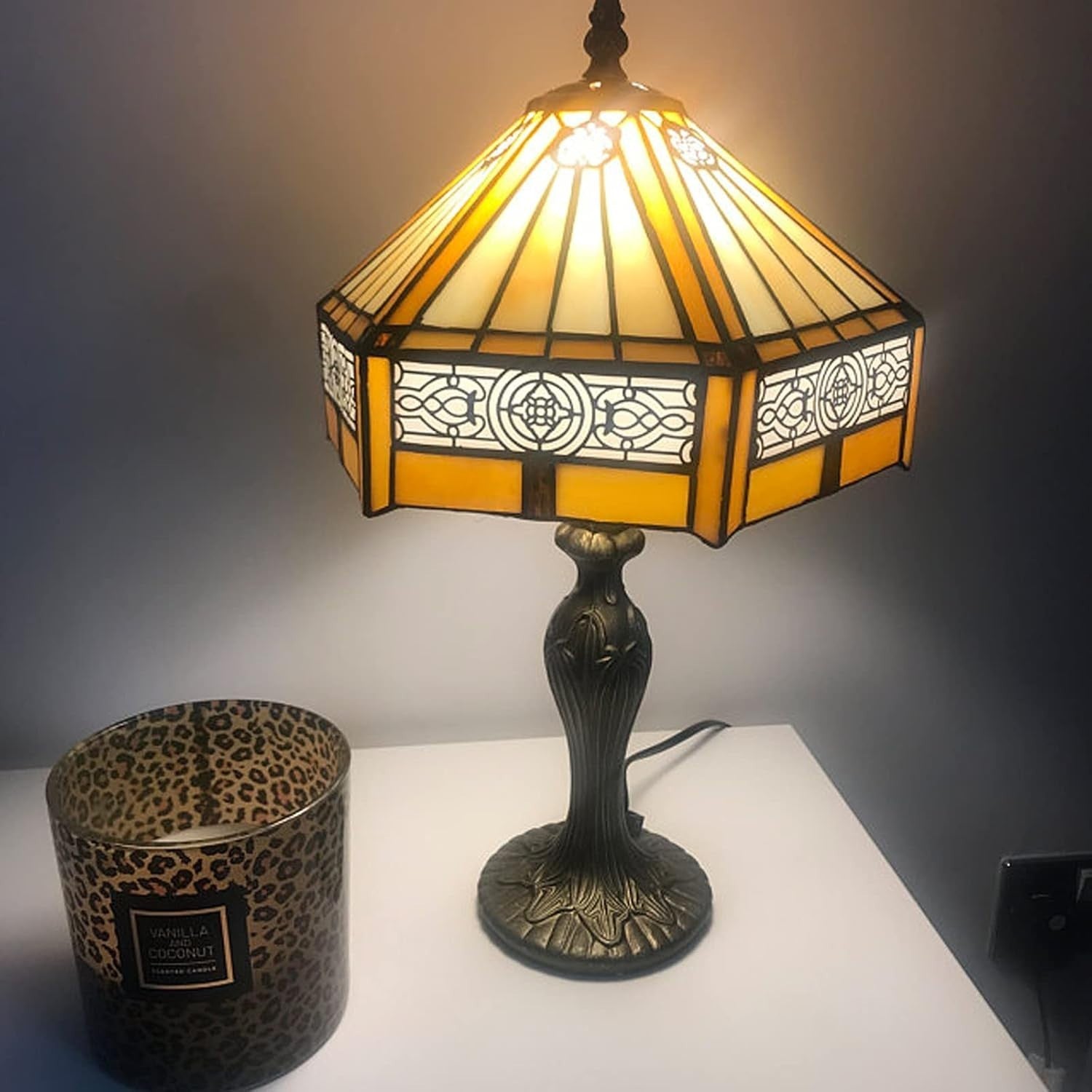 Hexagon Stained Glass Table Lamp, Handmade Vintage Desk Lamp for Bedroom