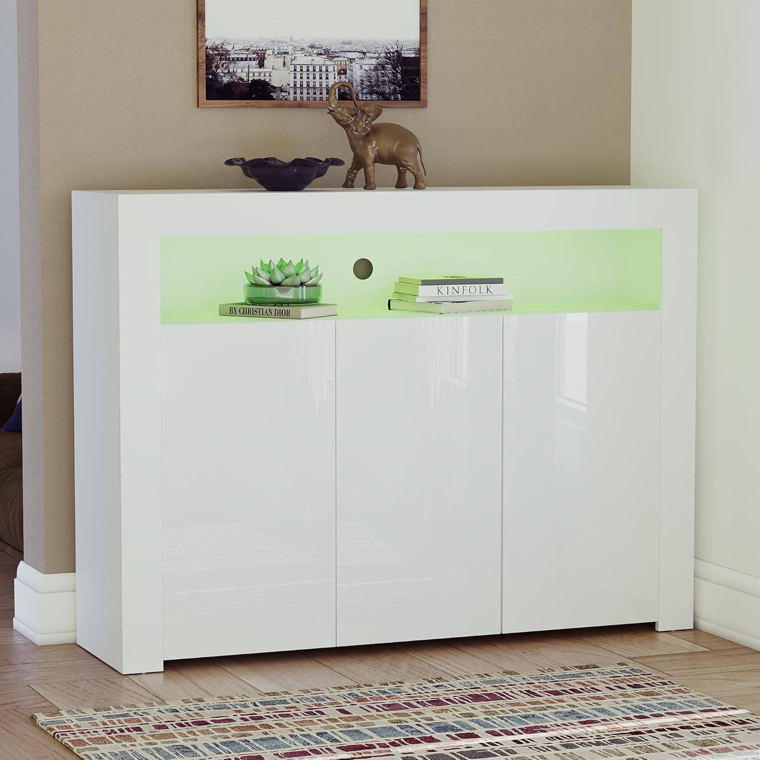Modern White LED Sideboard 3 Doors 3 Drawers RGB Lighting Storage Cabinet
