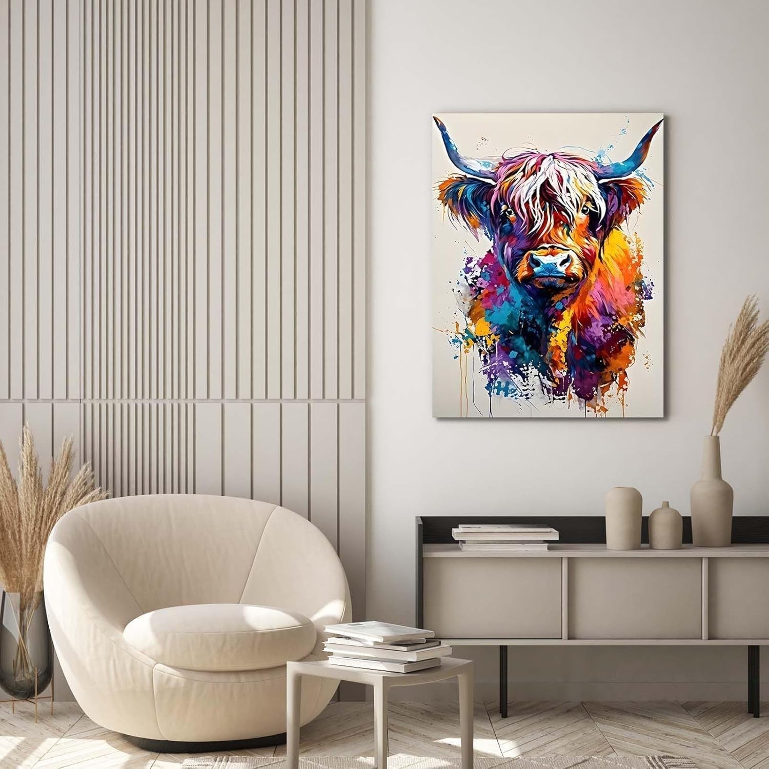 Colourful Highland Cow Canvas Wall Art 12x16in Framed Print