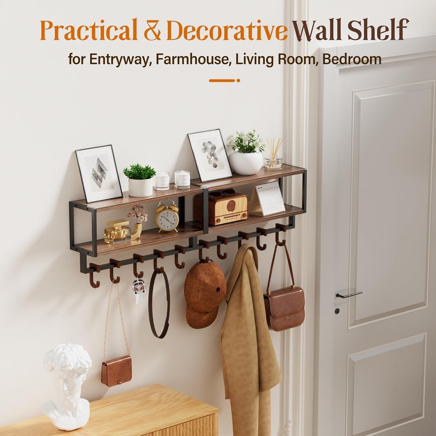 Rustic Wall Shelf 33” with 10 Hooks Coat Rack Storage Shelf Farmhouse Decor