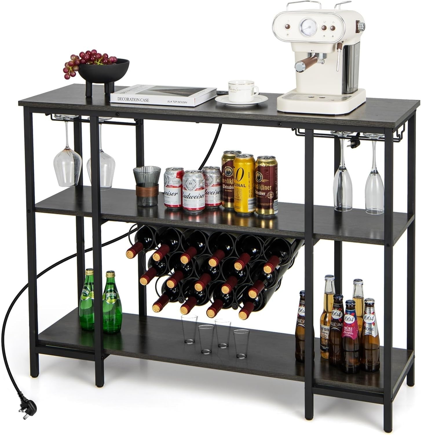 Wine Bar Cabinet with Tabletop, 15 Bottle Rack, Shelves & Charging Ports – Grey