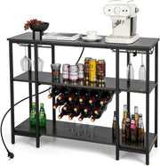 Wine Bar Cabinet with Tabletop, 15 Bottle Rack, Shelves & Charging Ports – Grey
