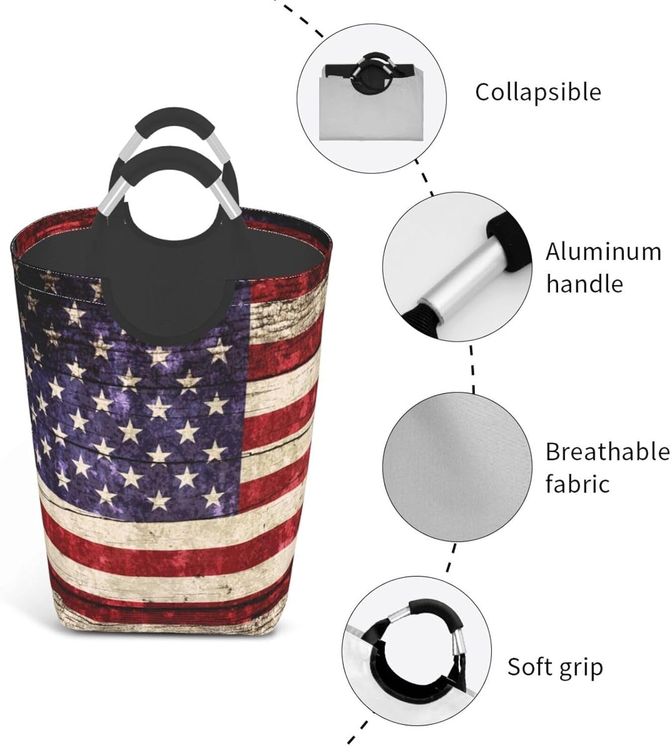 50L American Flag Laundry Basket Foldable Vintage Clothes Hamper with Handles