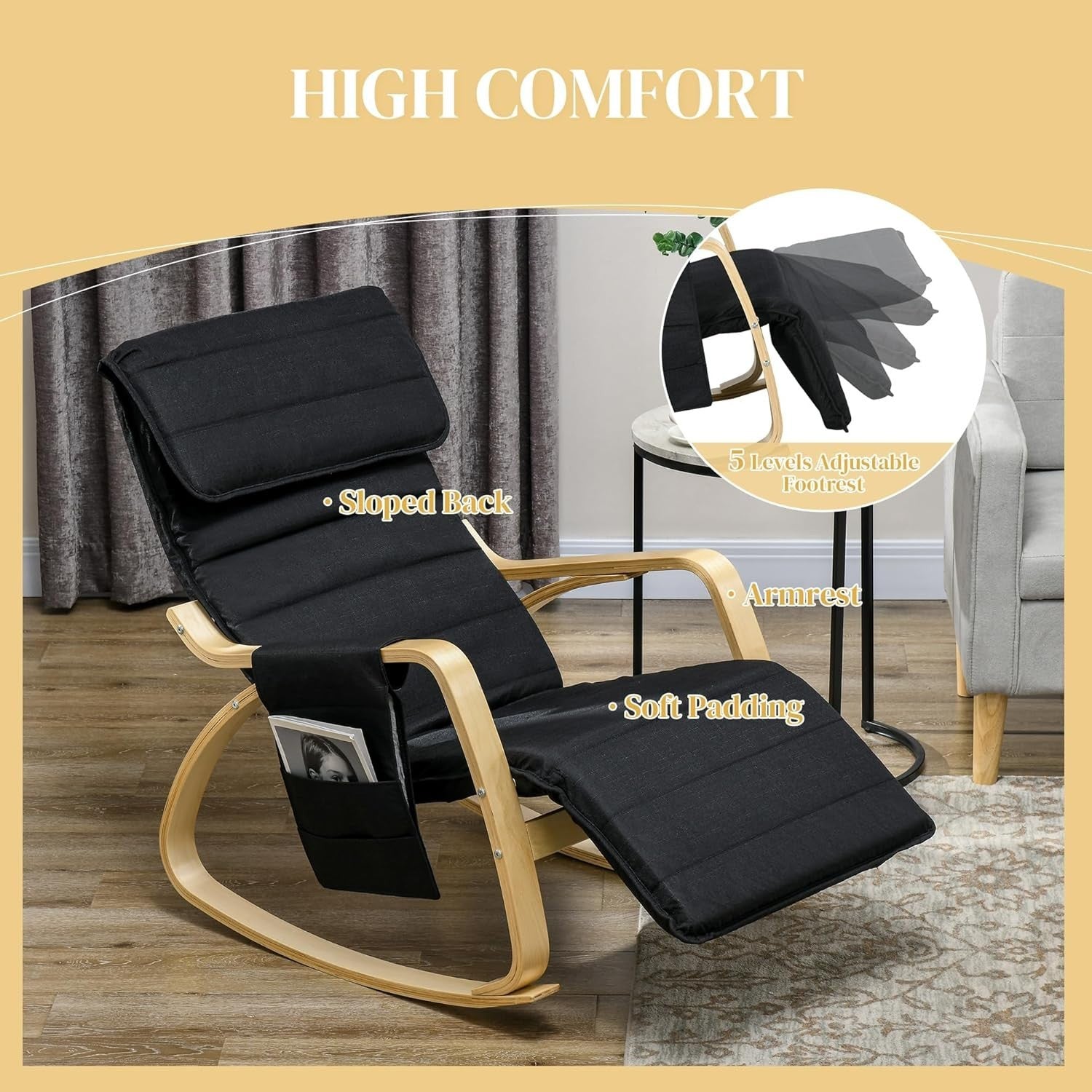 Reclining Rocking Chair w/ Footrest Pillow & Pocket – Comfy Relax Seat