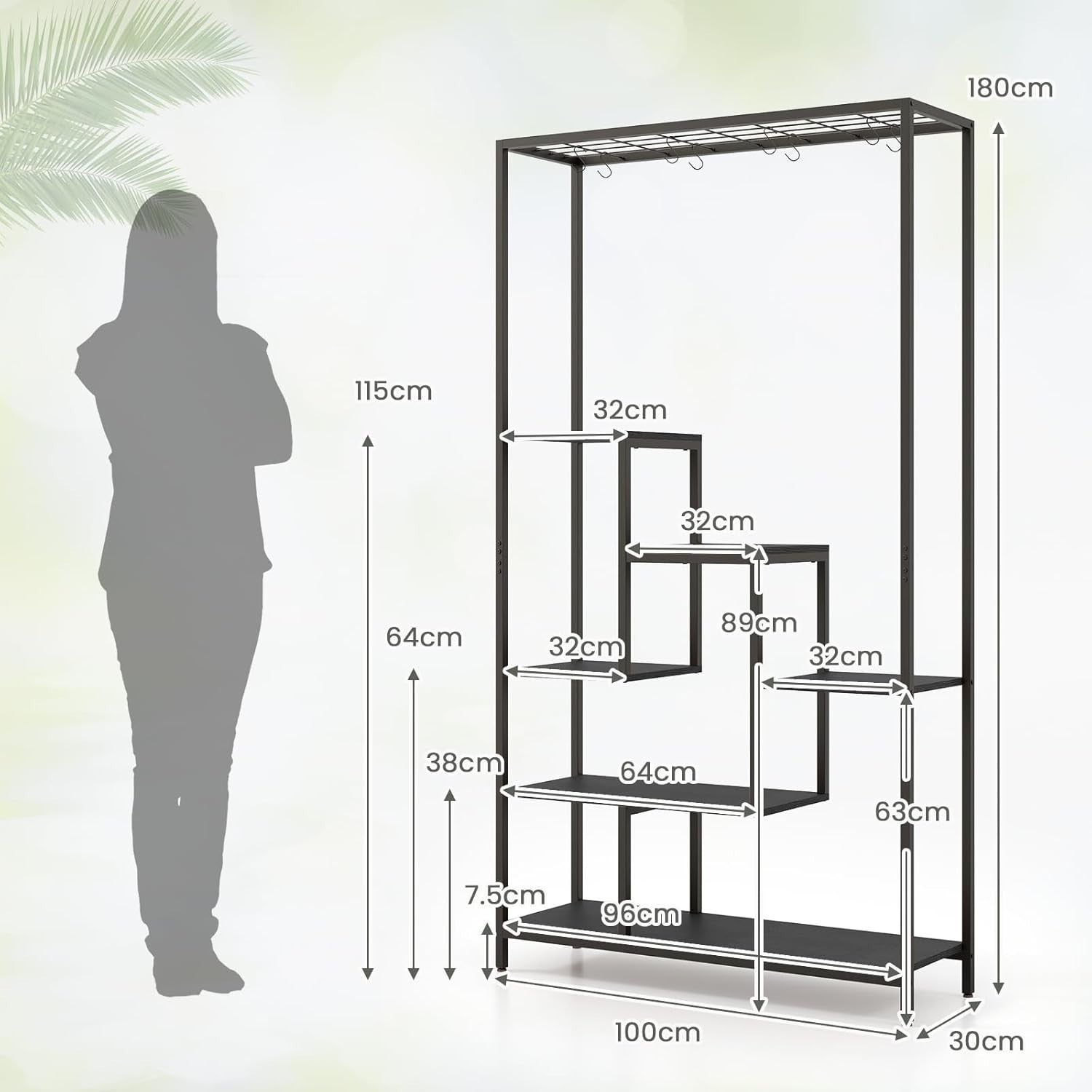 6-Tier Metal Plant Stand 180cm Tall Indoor Flower Shelf with Hooks & Wire Rack