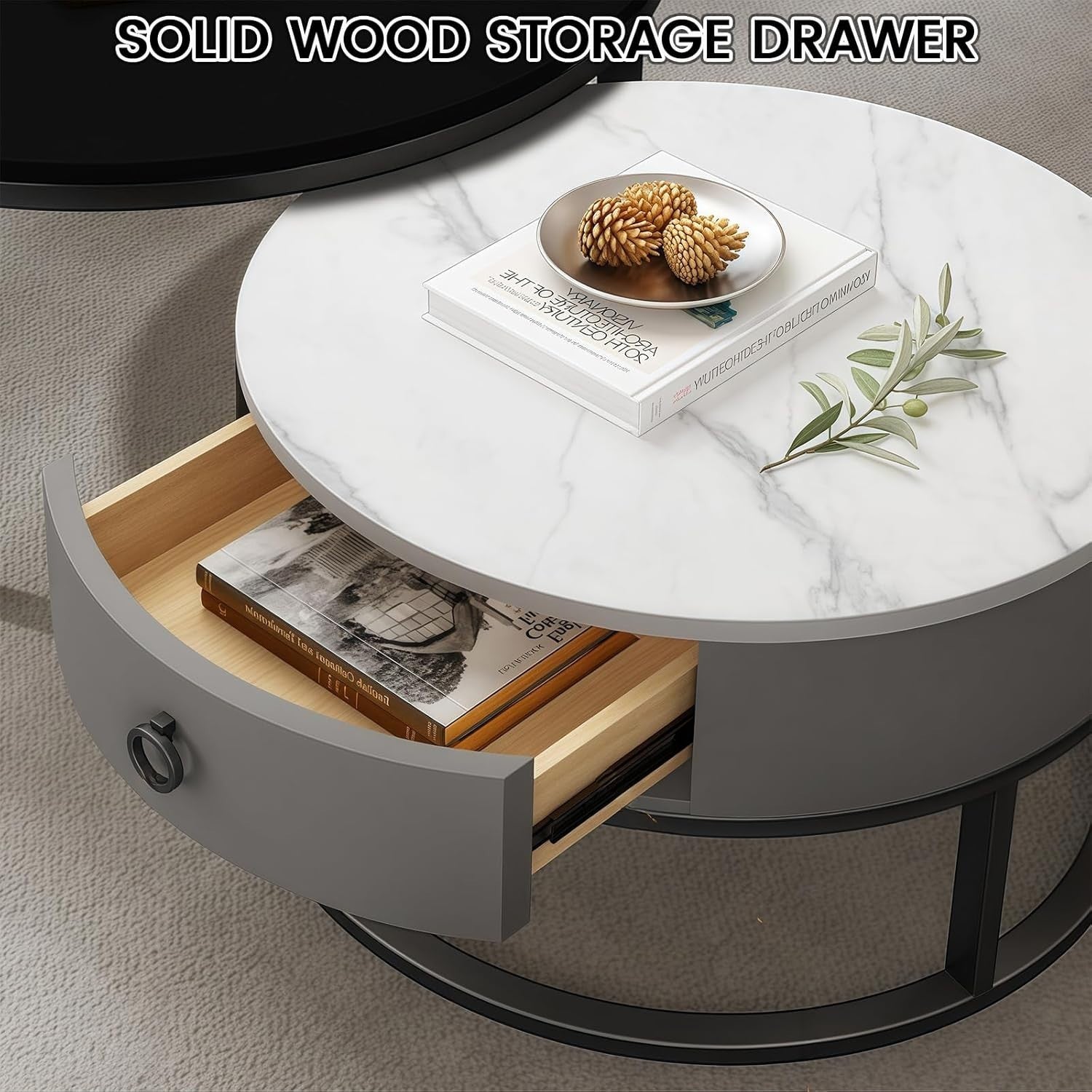 Luxury 2-in-1 Nesting Coffee Table Set with Drawer, Marble & Glass Top, Space