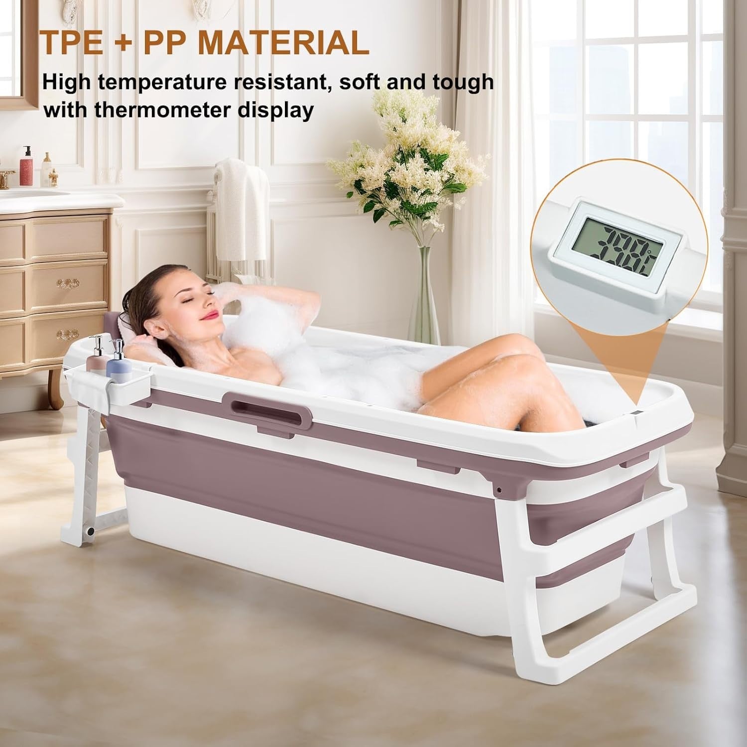 Portable Foldable Adult Bathtub 135x54x61cm Pink Spa Bath with Lid & Massage