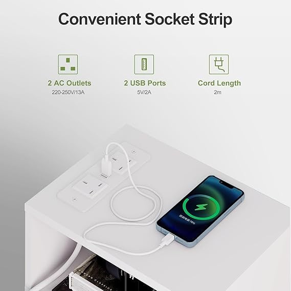 Slim White Bedside Table with Charging Ports & 3 Shelves, Modern Narrow