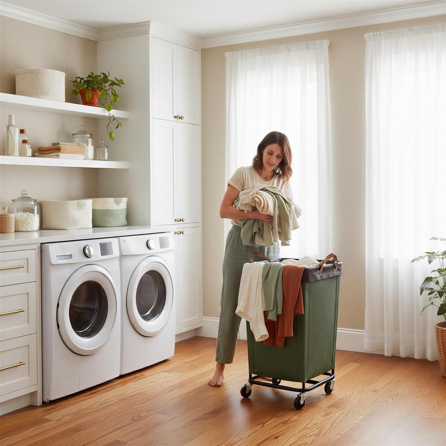 160L Heavy Duty Laundry Hamper with Wheels | Large Rolling Clothes Basket Green