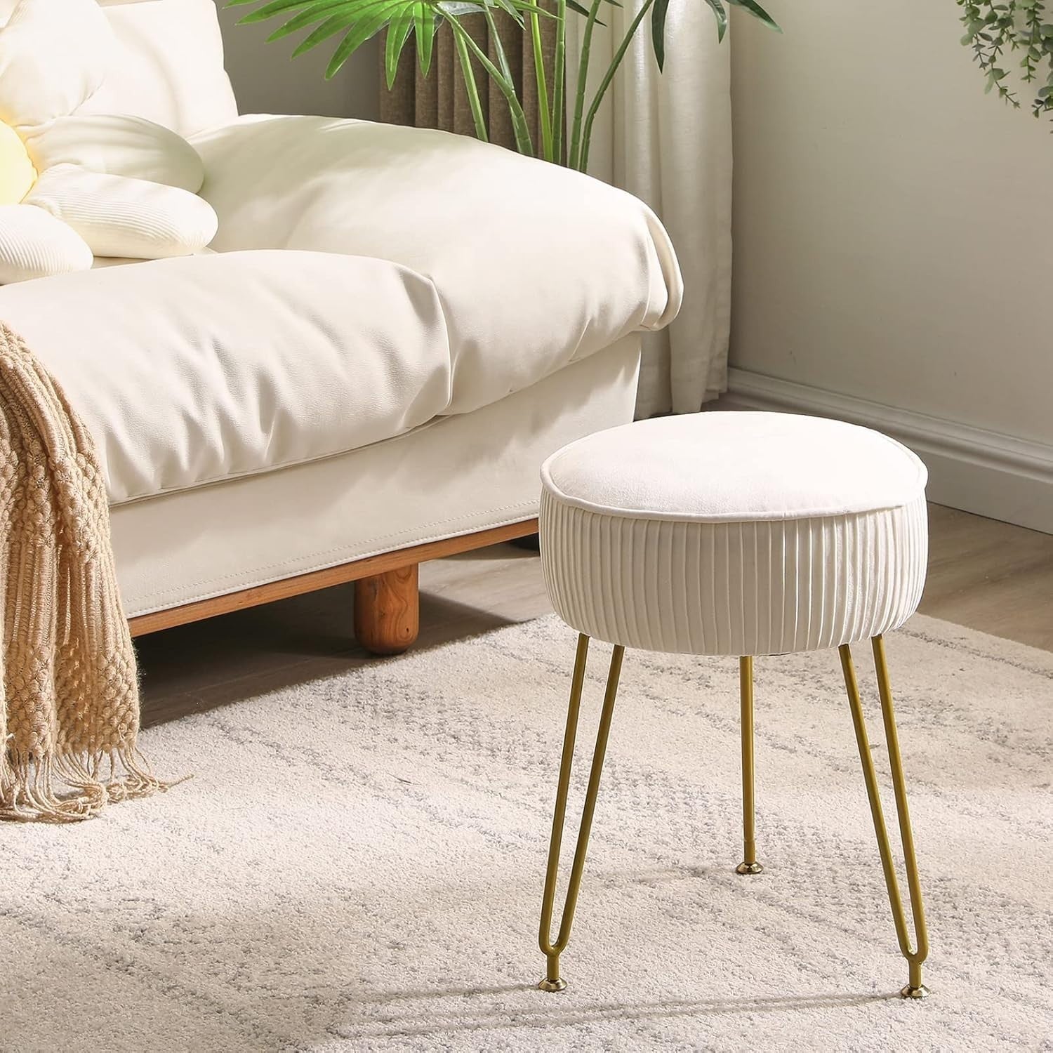 Cream Velvet Round Footrest Ottoman – Vanity Stool with Golden Steel Legs