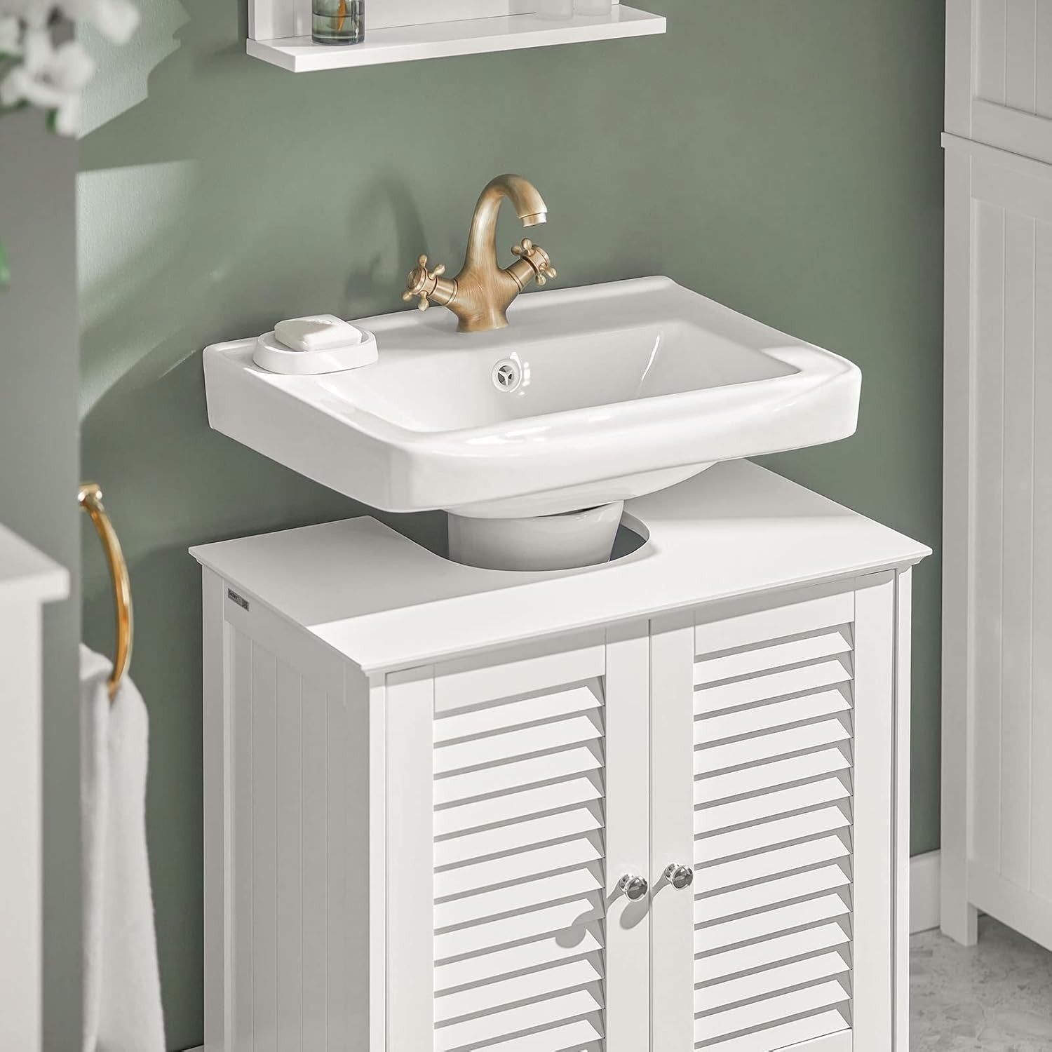 White Under Sink Bathroom Cabinet with Shutter Doors & Adjustable Shelf Unit
