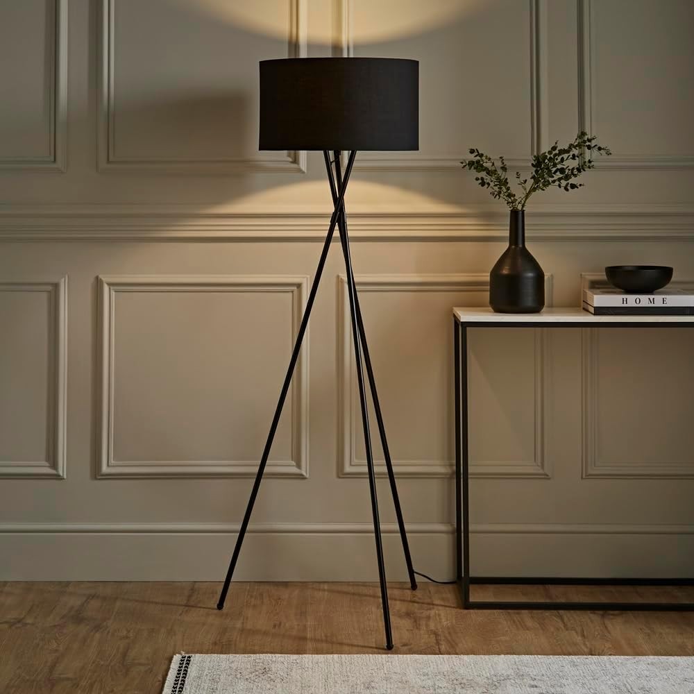 Modern Black Tripod Floor Lamp Metal Stand with Fabric Shade LED Bulb