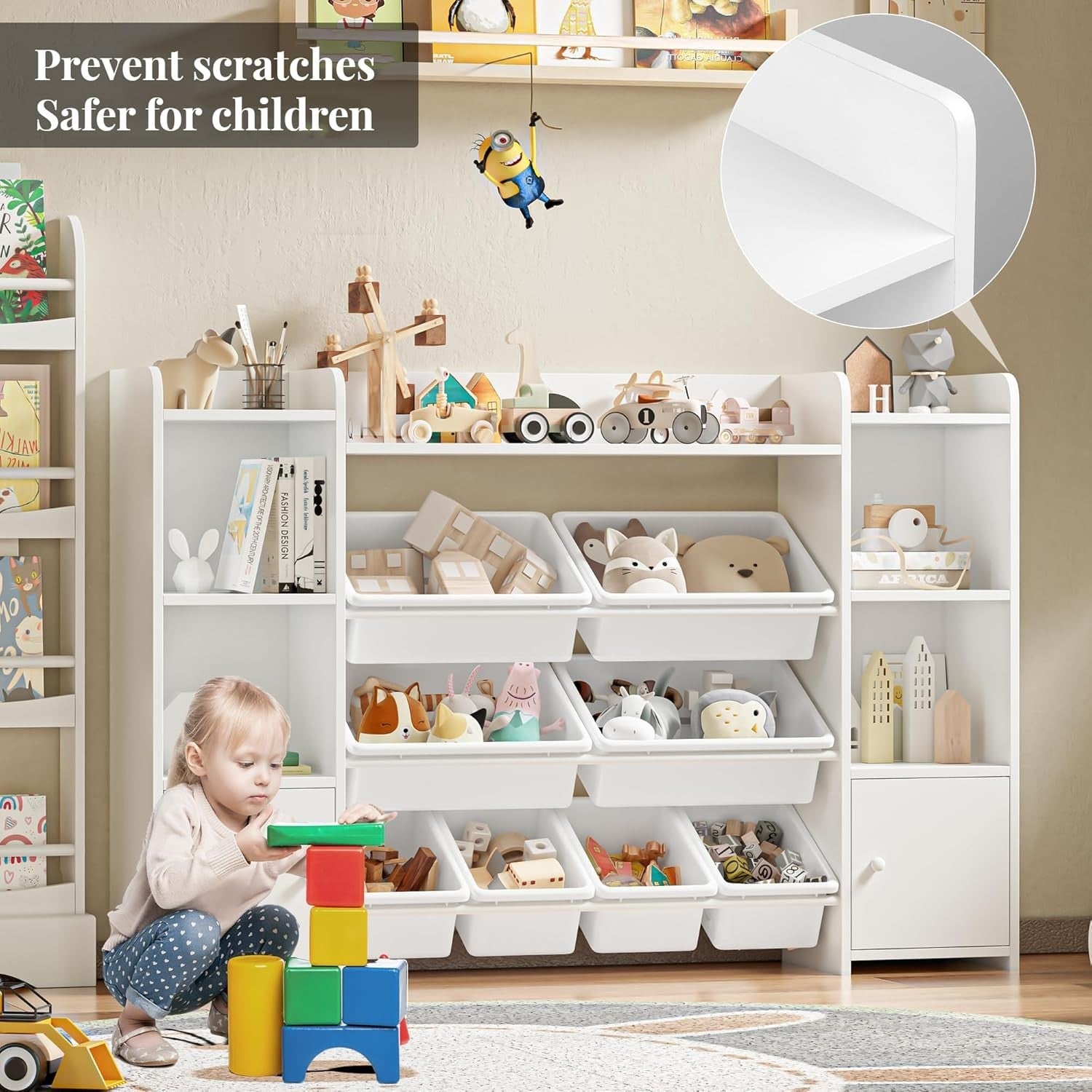 Kids Toy Storage Unit with 8 Boxes & Shelves – White Bookcase Organizer