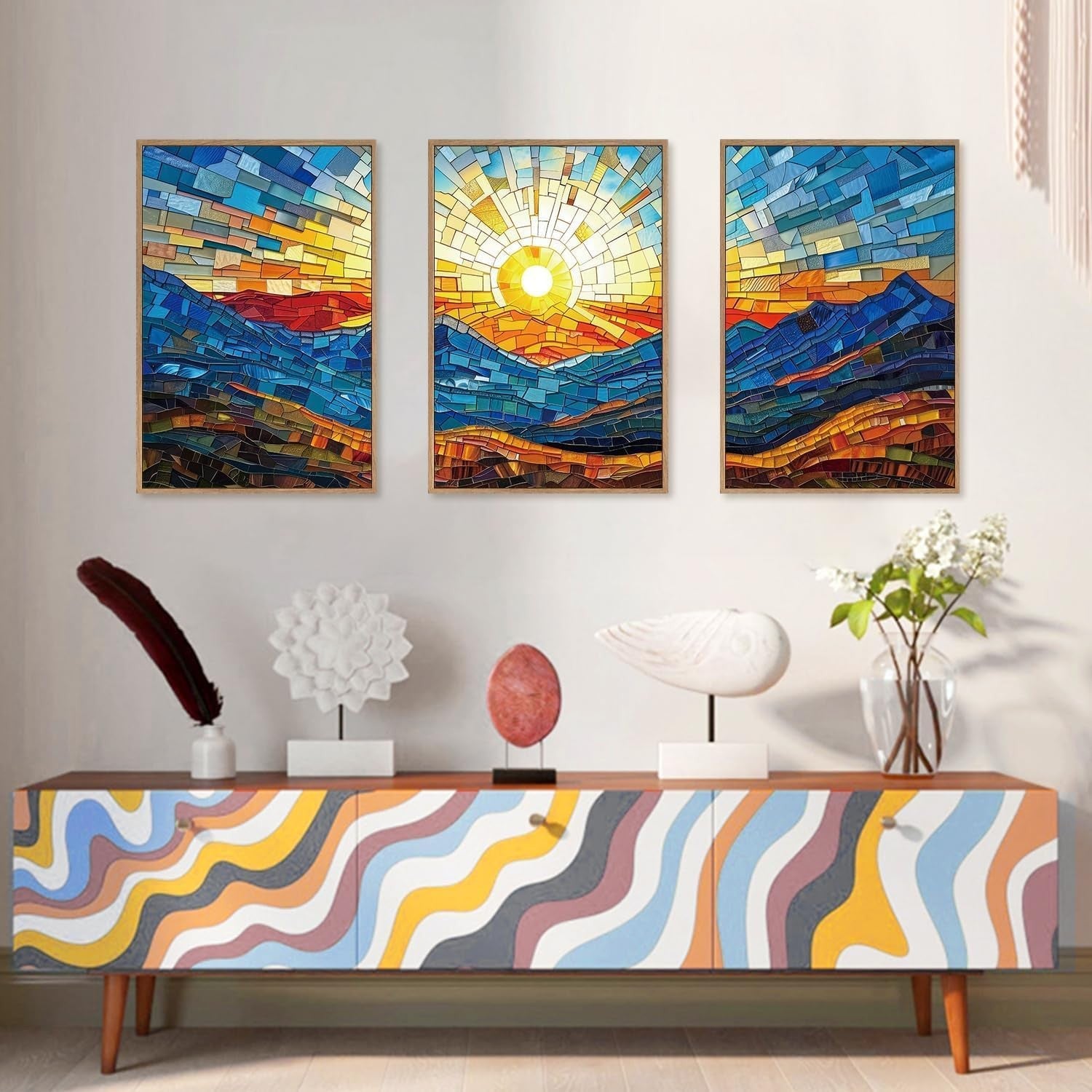 Colorful Abstract Mountain Framed Canvas Wall Art Set 3 Modern Boho Decor