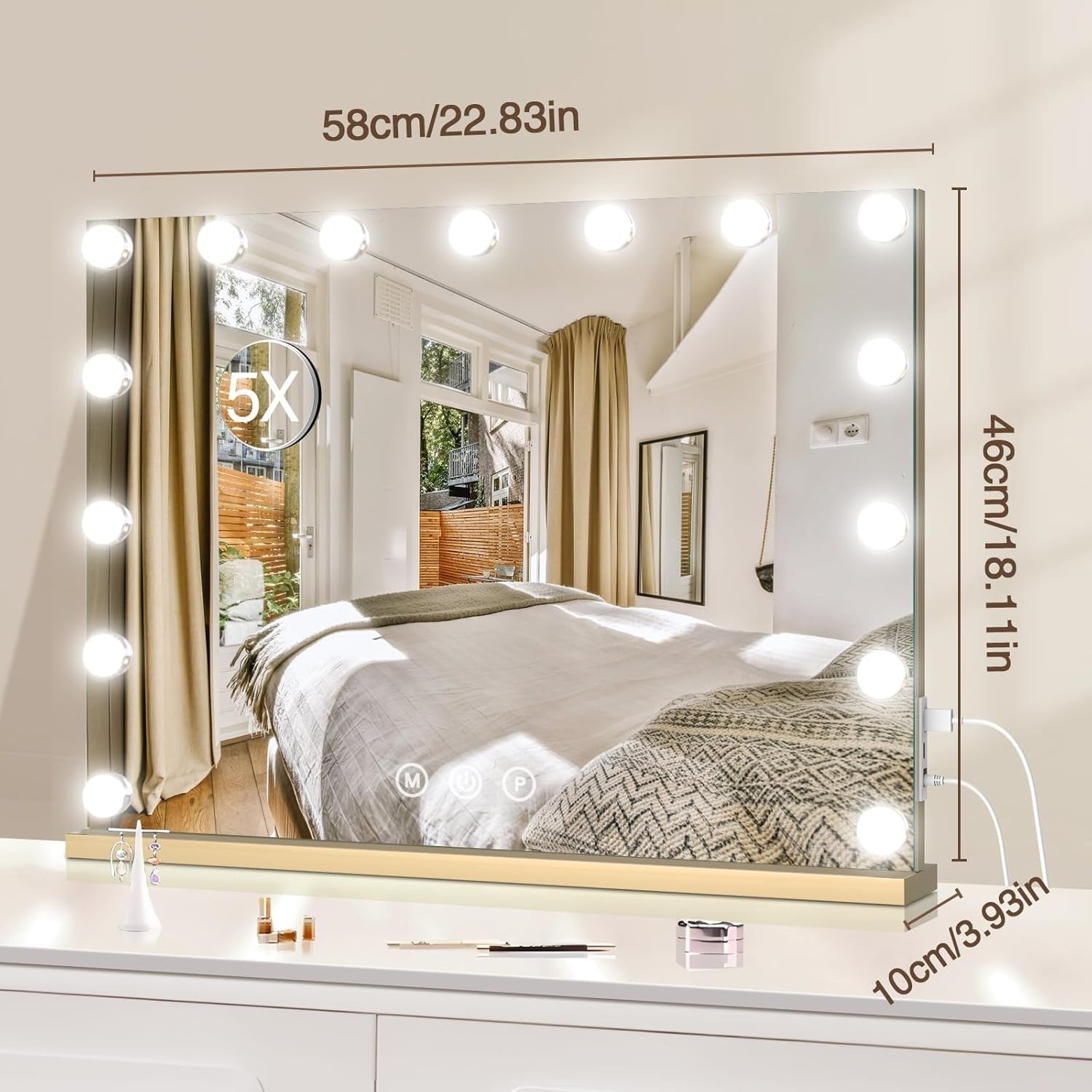 LED Vanity Makeup Mirror with Lights, USB Port & Smart Touch, 58x48cm