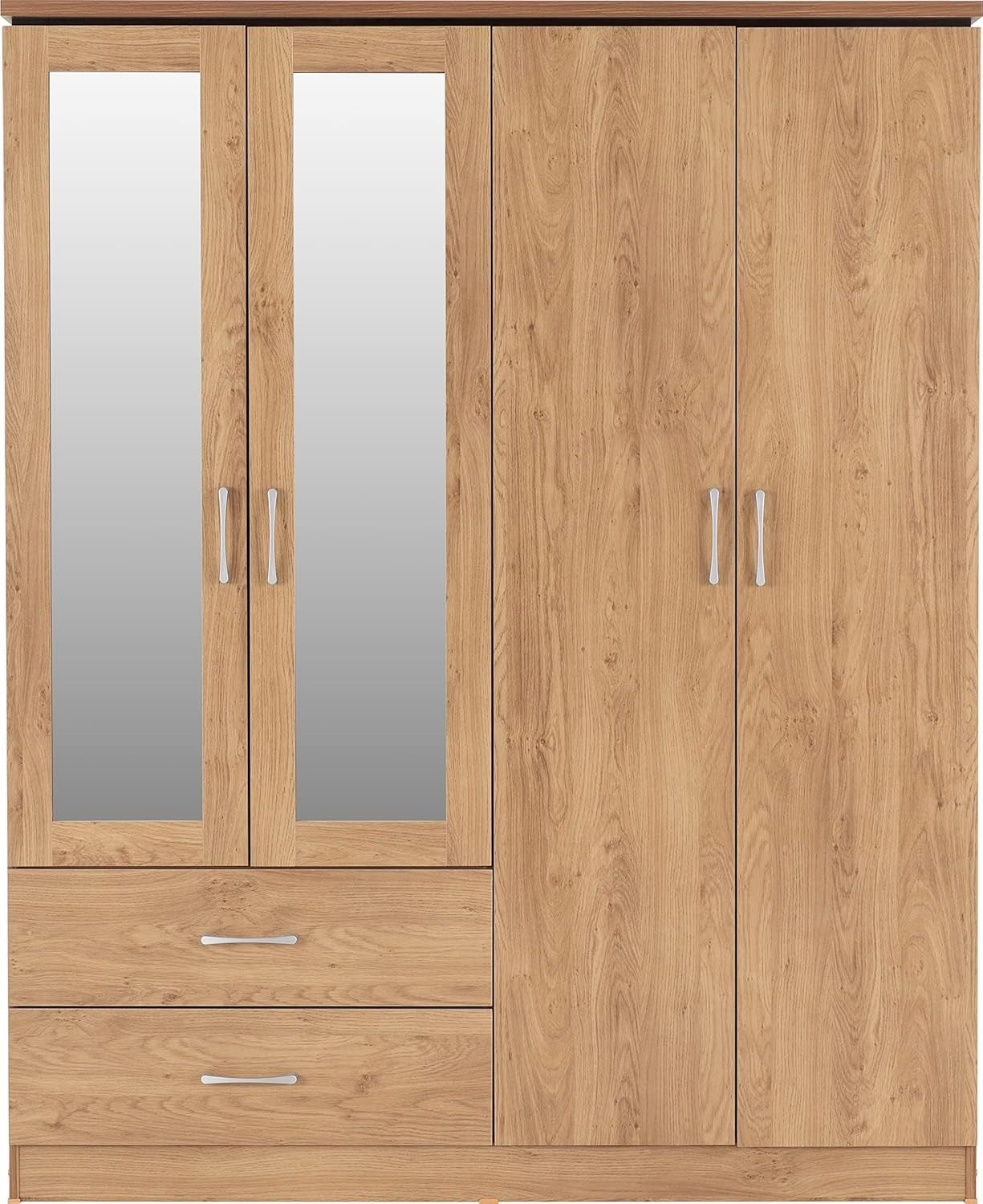 4 Door Mirrored Wardrobe Oak Effect Storage Drawers Modern Bedroom