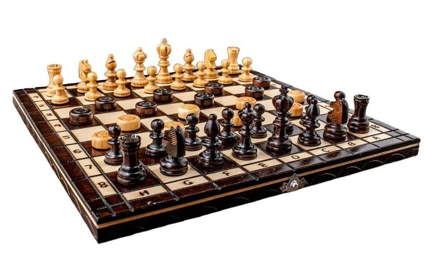 35cm Wooden Chess Set Handcrafted Cherry Wood Board & Draughts Game