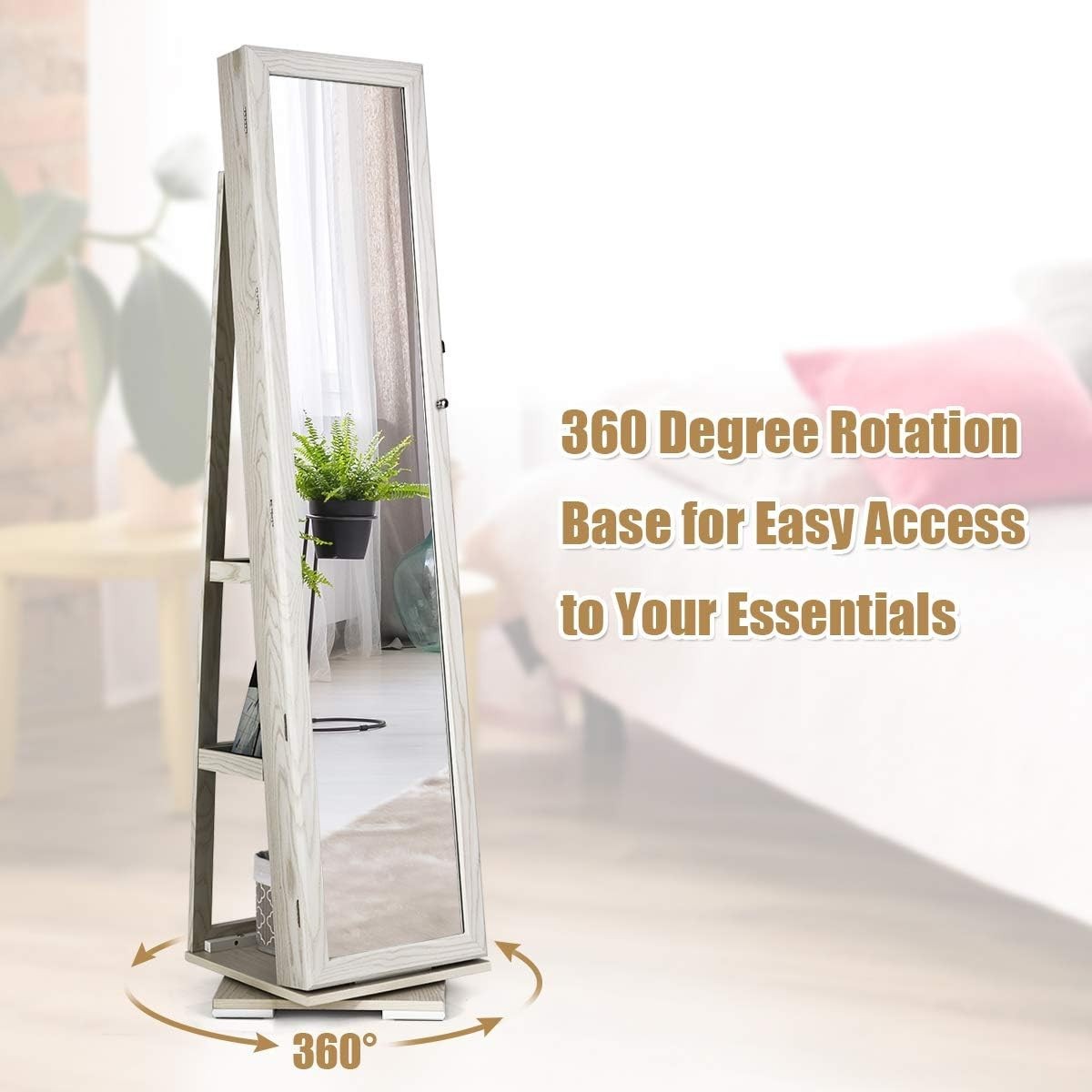 White 360° Swivel Jewelry Cabinet Mirror Lockable 3-in-1 Storage Stand
