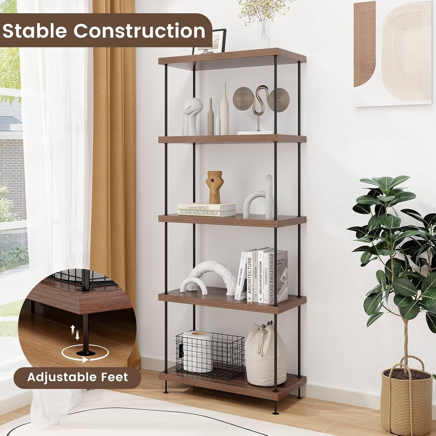 5-Tier Industrial Bookshelf Metal Frame Rustic Wood Storage Shelving Unit