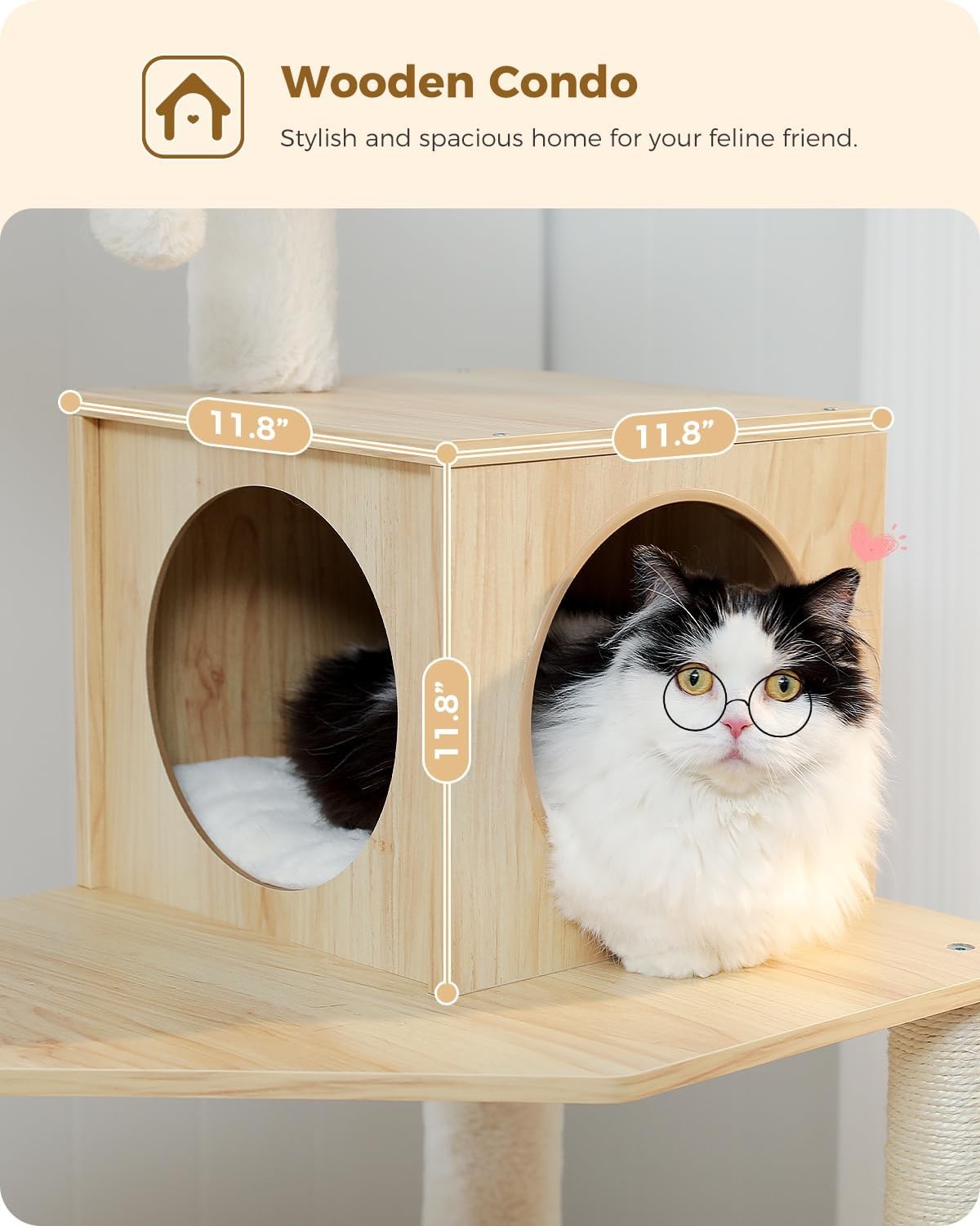 143cm Wooden Cat Tree Multi Level Scratching Post Condo Hammock Beige