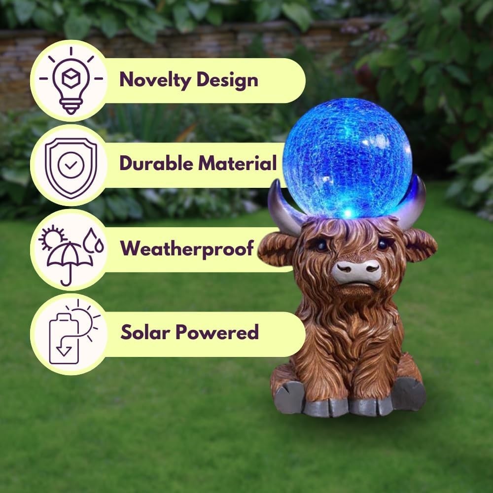 Solar Highland Cow Garden Ornament with LED Crackle Ball Resin Outdoor Statue