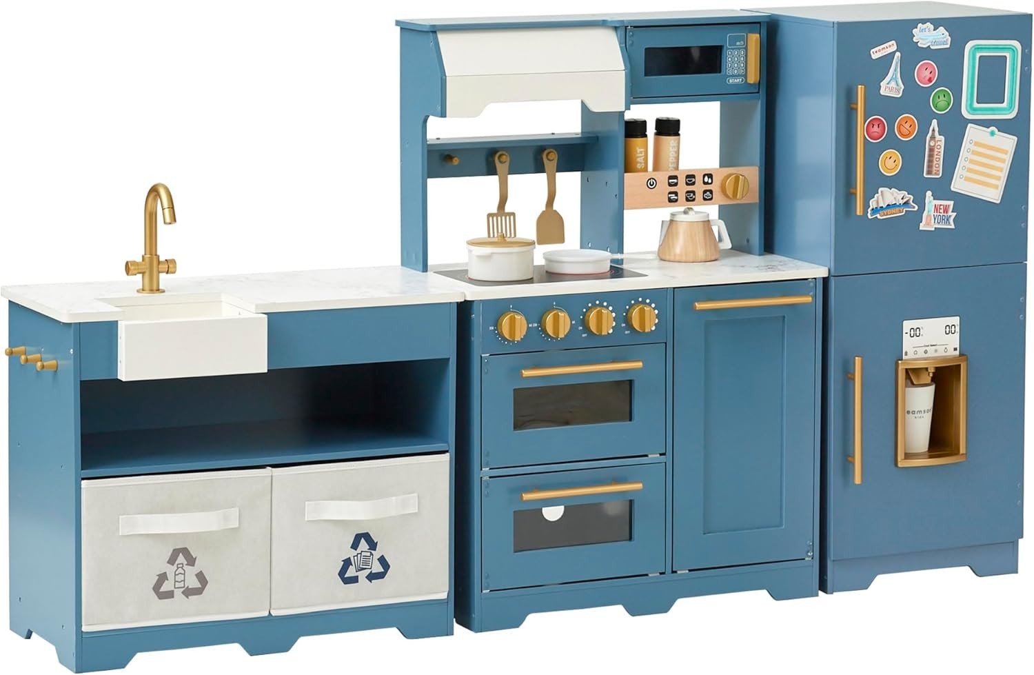 Modular Wooden Kids Play Kitchen Ice Dispenser Blue Toy Set