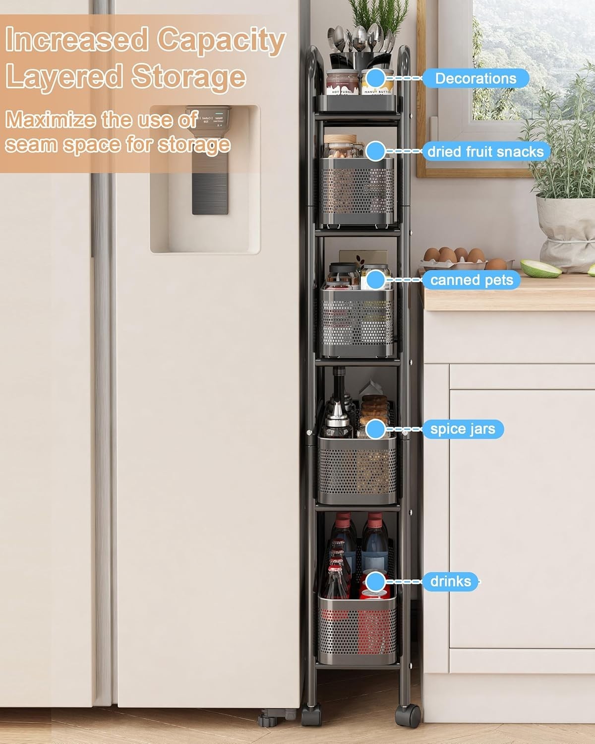 5 Tier Slim Rolling Kitchen Trolley Pull Out Storage Cart Black
