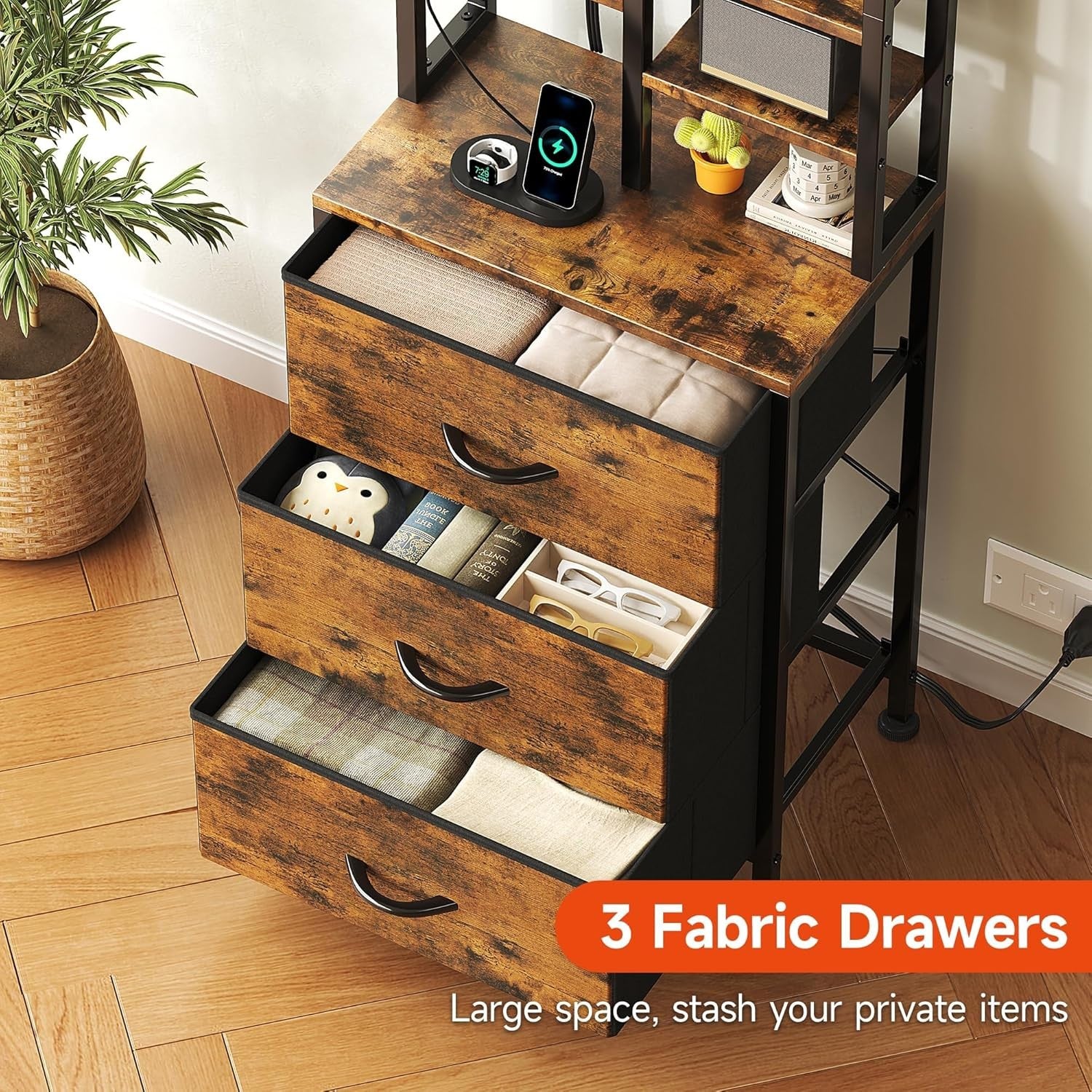 Tall Bedside Table with LED Lights Charging Ports Drawers Shelves Rustic Brown
