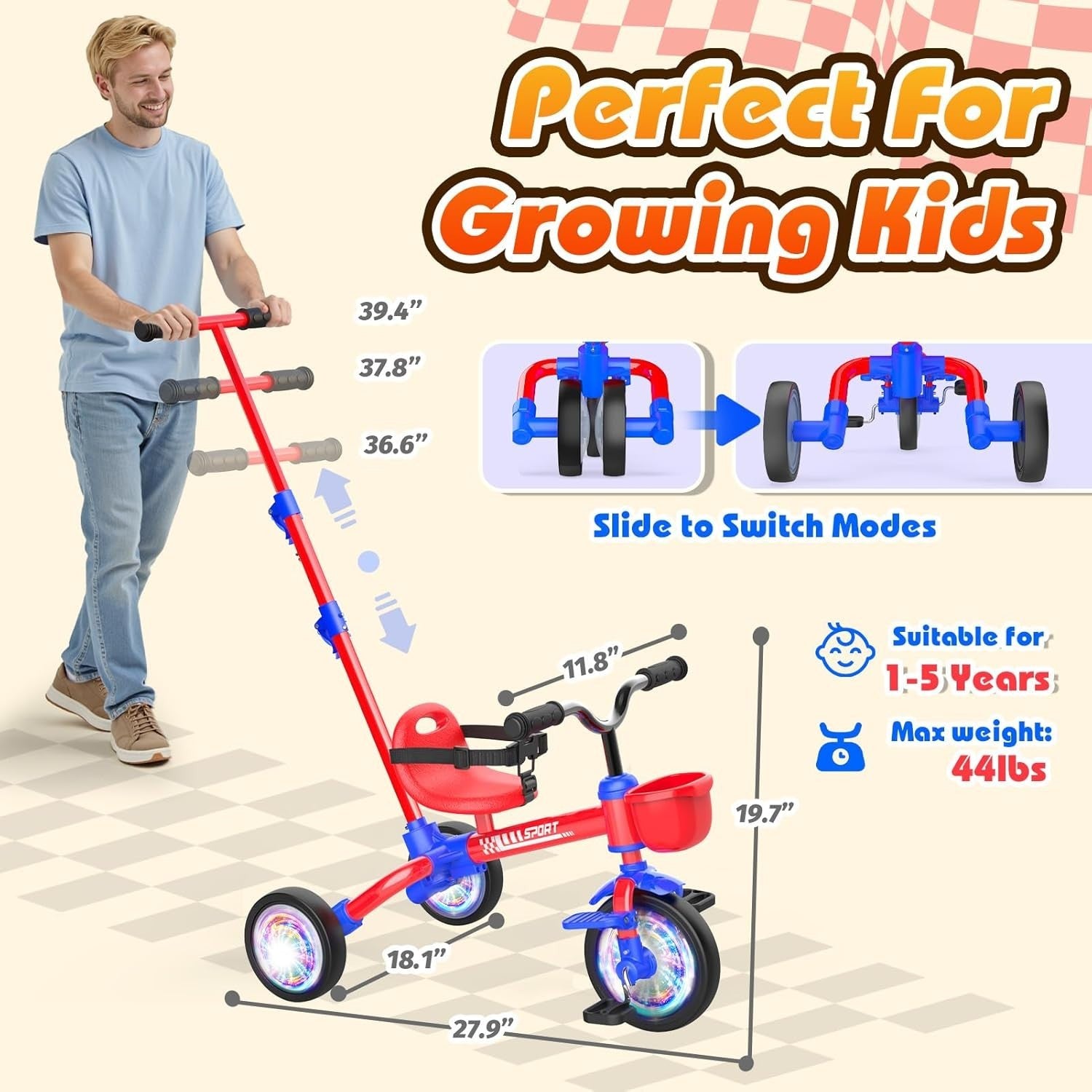 5 in 1 Toddler Tricycle Balance Bike Push Handle Adjustable Seat