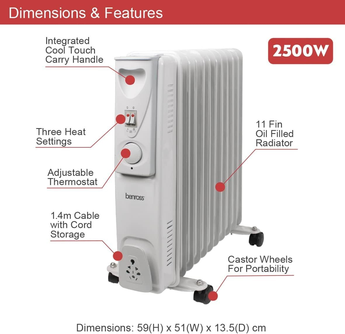 Portable 11-Fin Oil Filled Radiator 2500W Adjustable Thermostat White
