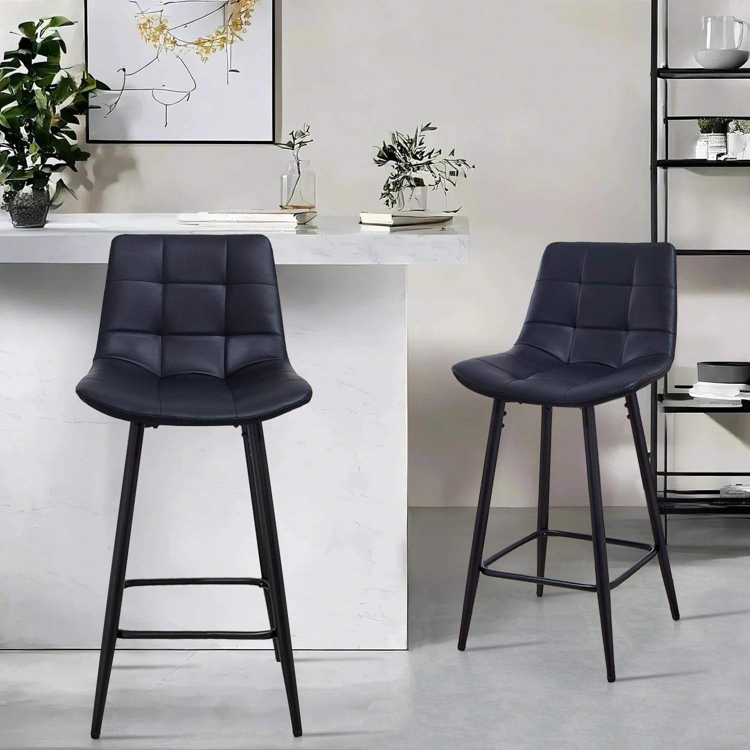 Black PU Leather Bar Stool Set 2 – Modern Kitchen Counter Chairs