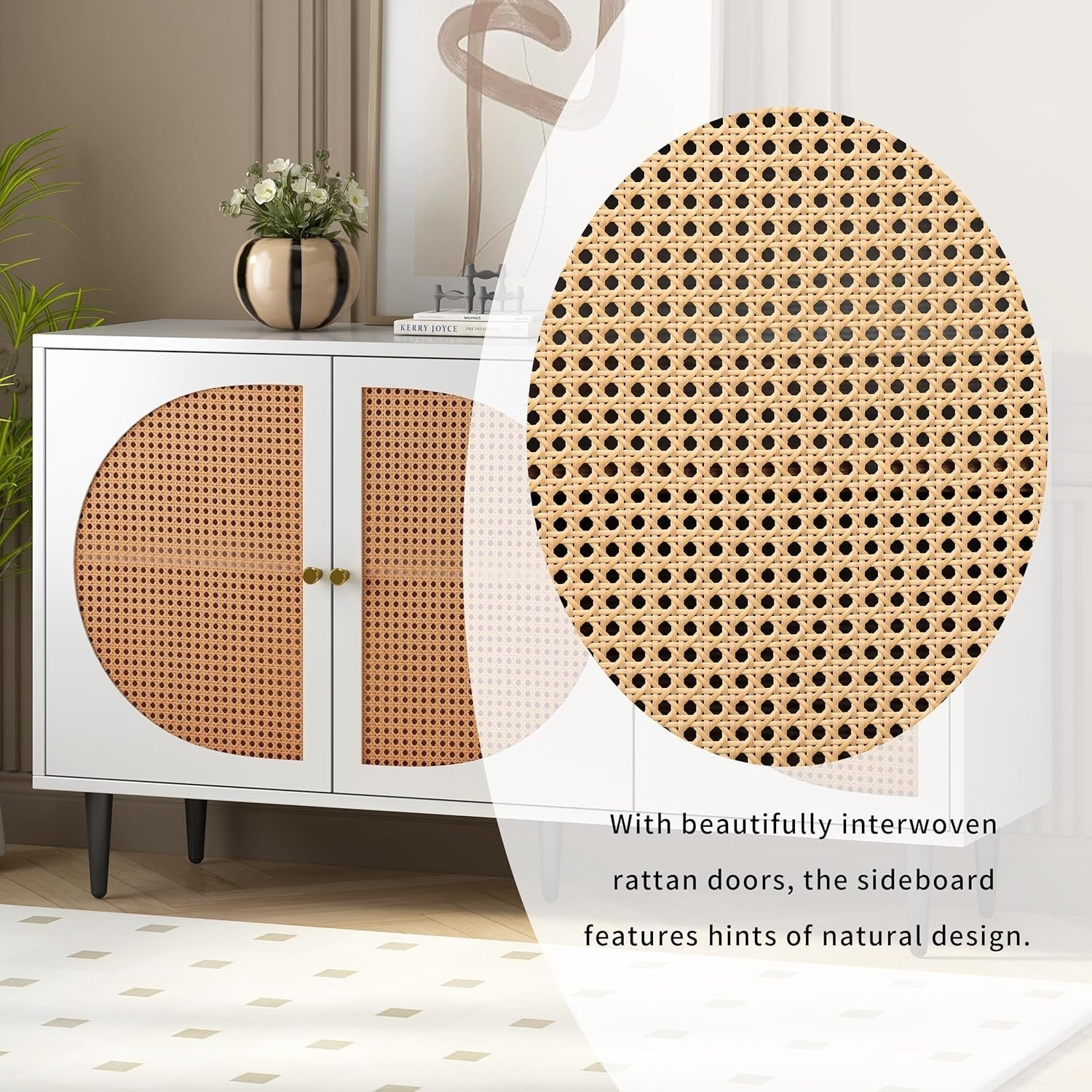White Rattan Sideboard Cabinet Storage Unit with 3 Doors & Metal Legs